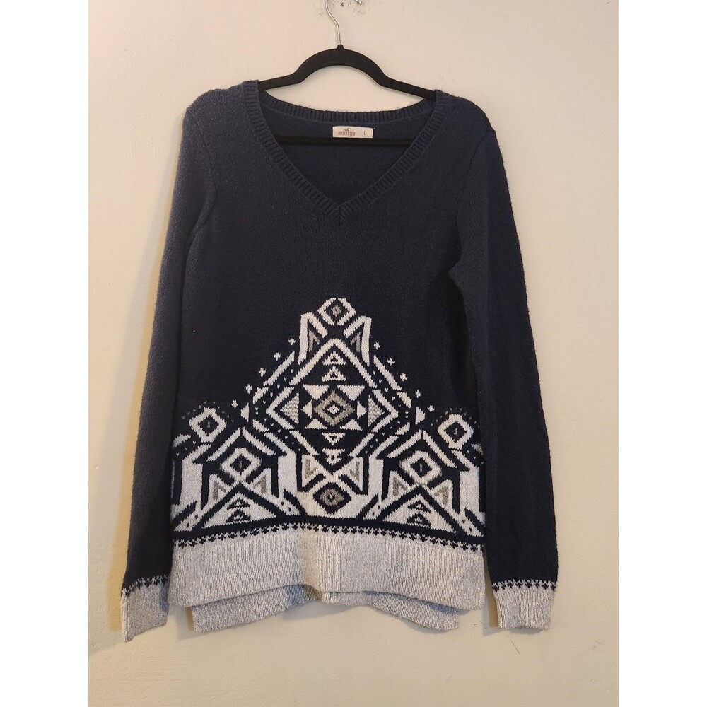 Hollister Women’s Large Navy Blue/Gray Pullover V Neck Sweater‎ Geometric Design